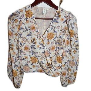 Joie Floral Faux Wrap Blouse Top with Mustard & Blue Print Size Small